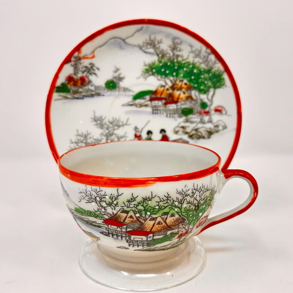 Vintage Japanese Kutani Porcelain Landscape Teacup and Saucer # 7 Circa 1921-40